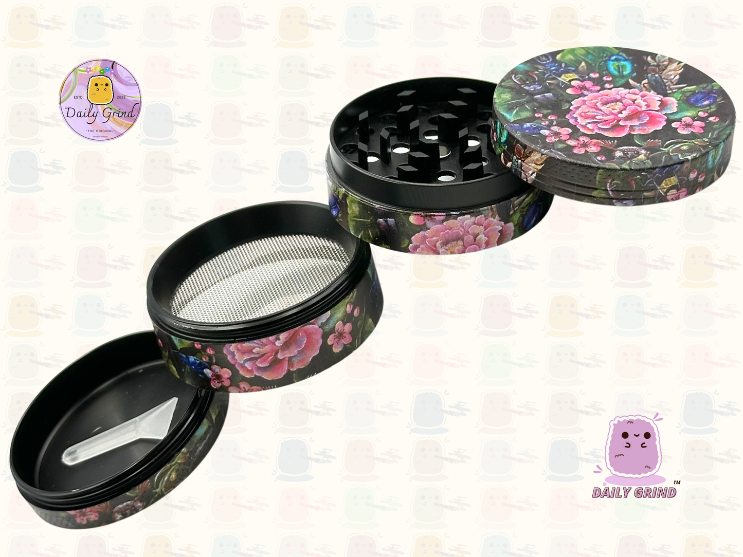 Cute Flowers and Rose - 50mm 4-Piece Premium Custom Metal Tobacco Herb Grinder Cute Gift Idea