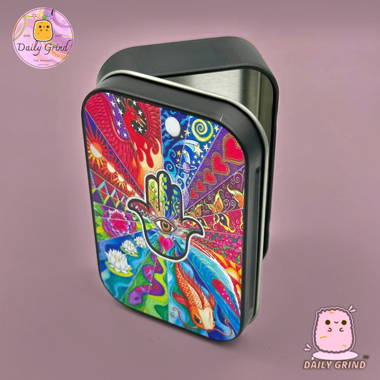 Espíritu Mano Protección Espiritual Diseño Hippy 2oz Negro Tabaco / Píldora / Baccy / Stash Monedas Cristales Joyería Bisagra Tapa Lata Regalo