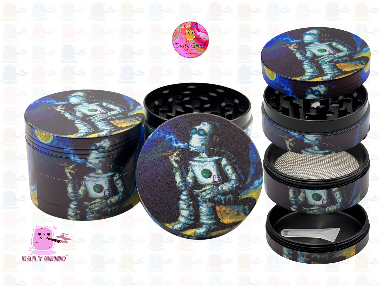 Robot Sat Down Contemplating Life DailyGrind 50mm Premium 4-Piece Custom Metal Kitchen Herb Grinder Gift Idea