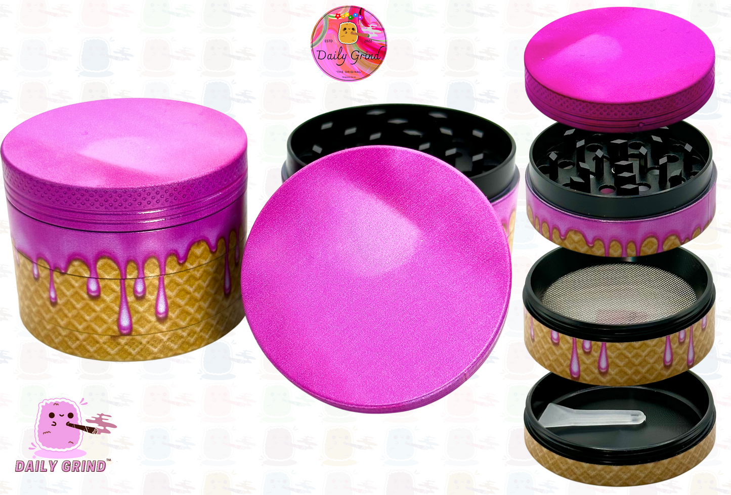 Cherry Bubblegum Ice Cream Cone Cute Pink Design - 50mm 4-Piece High Quality Custom Metal Kitchen Herb Grinder Gift Idea