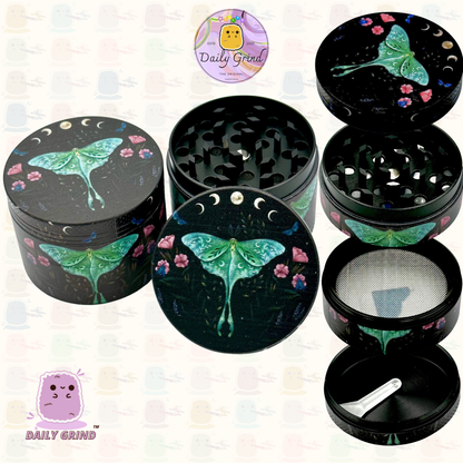 Lunar Moon Cycle Moth Dark Night - 50mm 4-Piece High Quality Metal Tobacco Herb Grinder Gift Idea