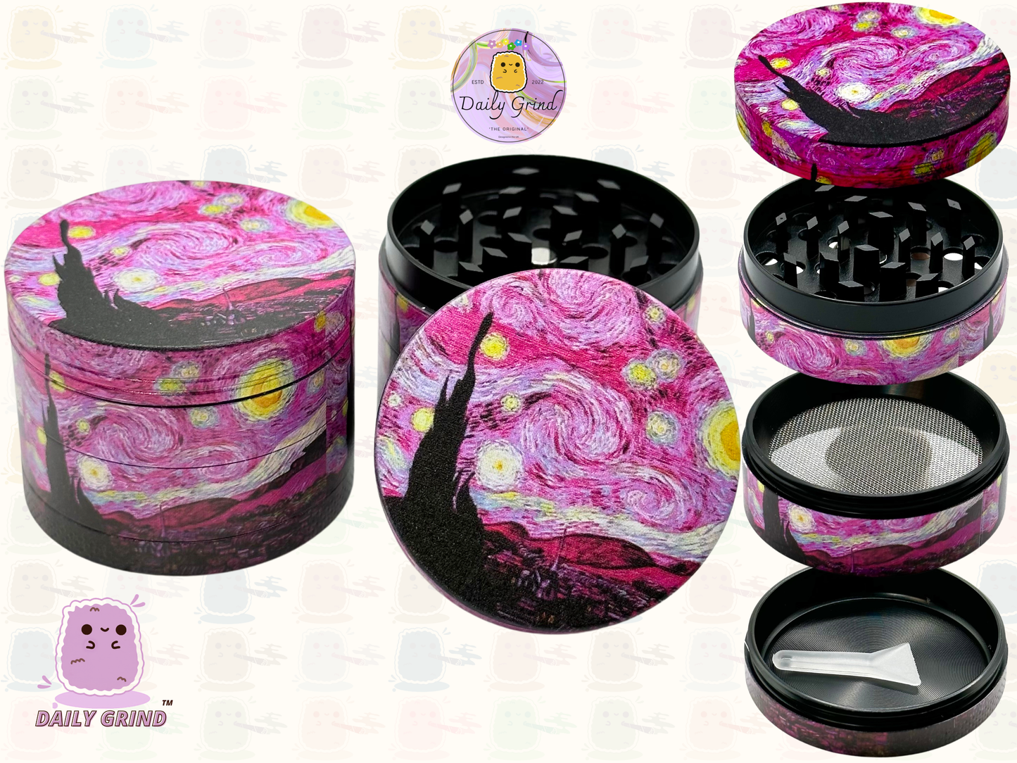 Pink Starry Night Classic Masterpiece Parody - 50mm 4-Piece High Quality Metal Tobacco Herb Grinder Gift Idea
