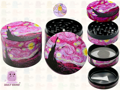 Pink Starry Night Classic Masterpiece Parody - 50mm 4-Piece High Quality Metal Tobacco Herb Grinder Gift Idea