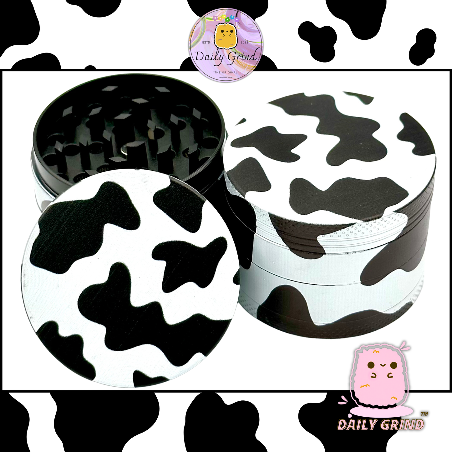 Precioso diseño con estampado de vaca: regalo de molinillo de hierbas metálico de alta calidad y 4 piezas de 50 mm 