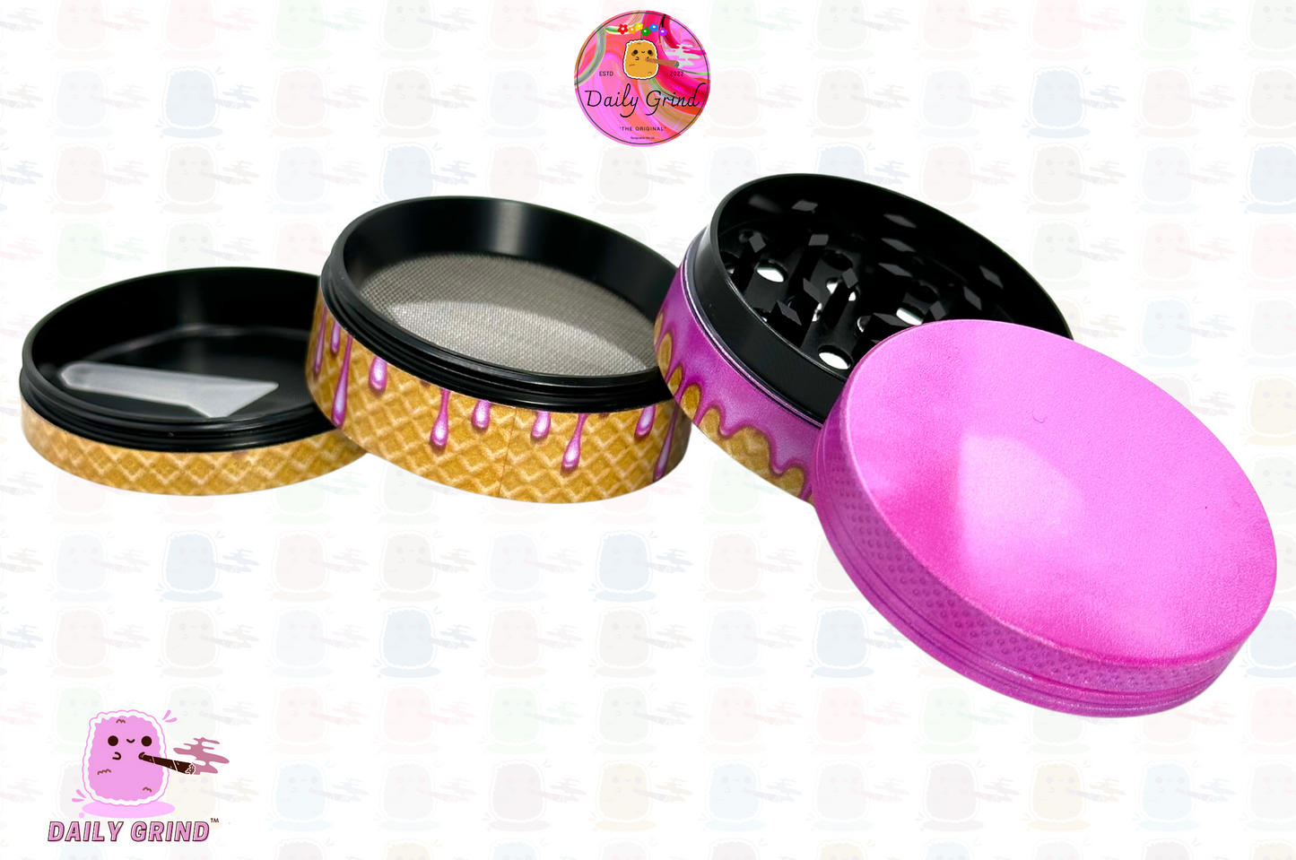 Cherry Bubblegum Ice Cream Cone Cute Pink Design - 50mm 4-Piece High Quality Custom Metal Kitchen Herb Grinder Gift Idea