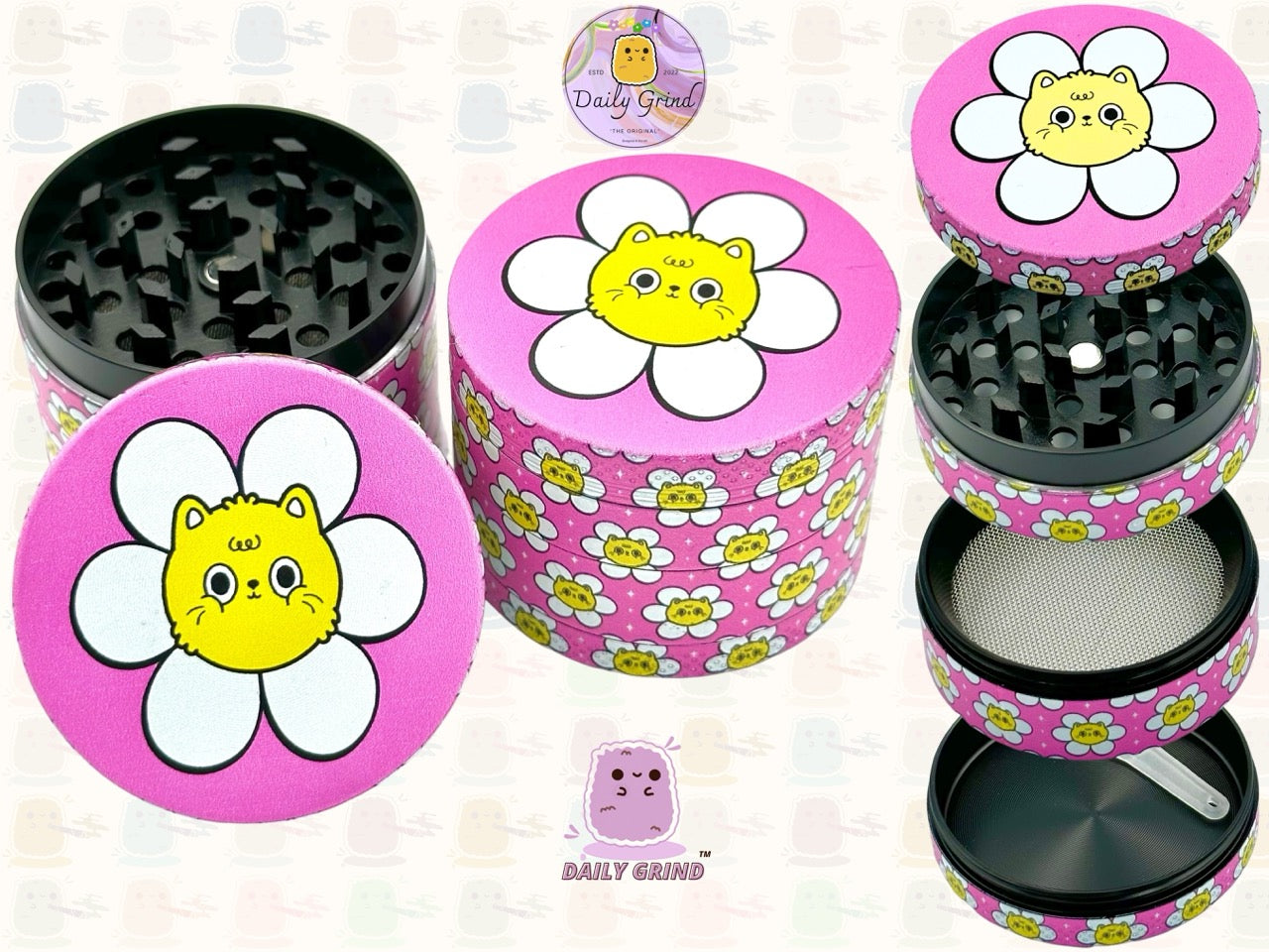 Chat mignon dans une fleur Kawaii Pink Daisy Design - 50mm 4 pièces de haute qualité personnalisé en métal broyeur d'herbes cadeau 