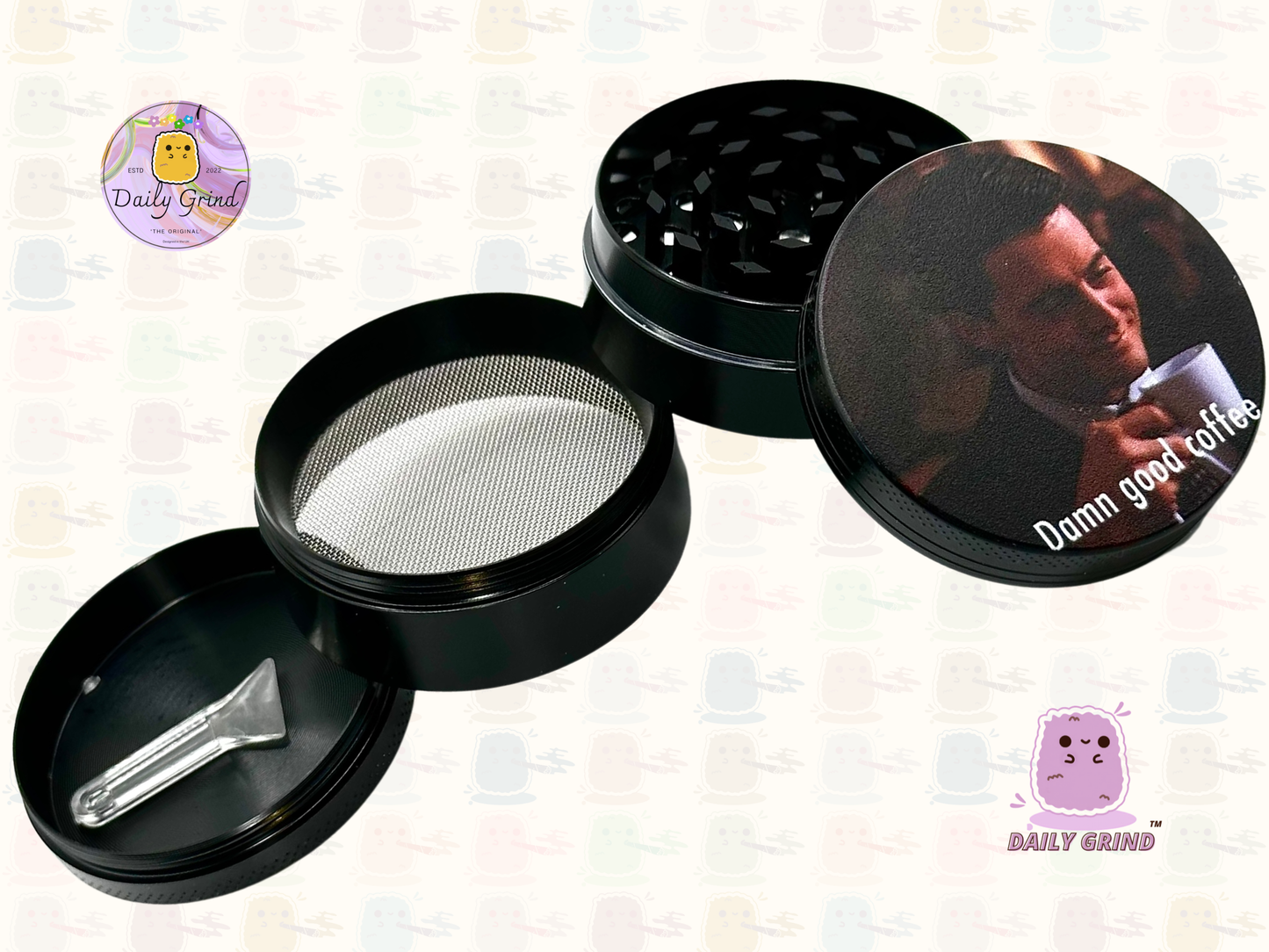 Damn Good Coffee 90's American Cult Classic - 50mm 4-Piece Premium Custom Metal Tobacco Herb Grinder Cute Gift Idea