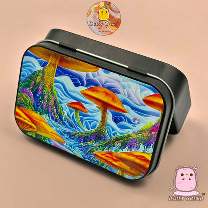 Mushroom World Land Dystopia Design 2oz Tabac noir / Pilule / Baccy / Cachette / Pièces de monnaie / Cristaux / Bijoux Charnière Couvercle Étain Cadeau