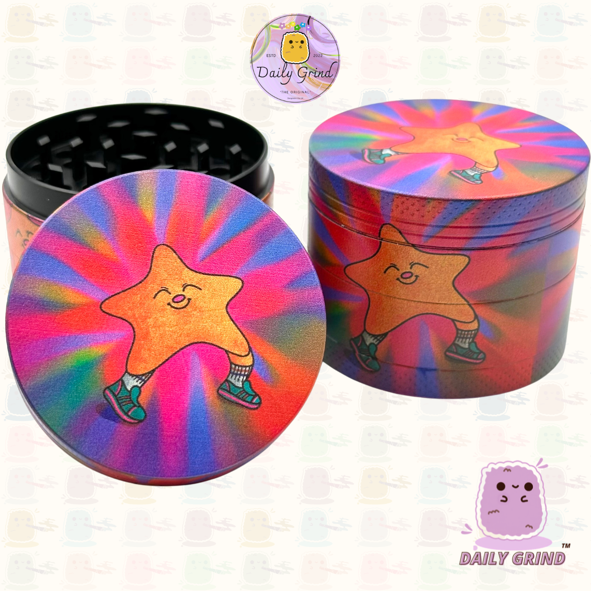Happy Star Kawaii Tie Dye Cute - 50mm 4-Piece High Quality Custom Metal Tobacco Herb Grinder Gift Idea