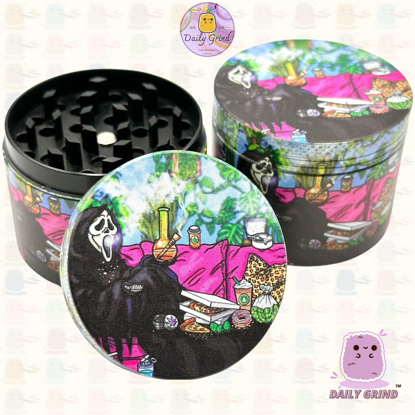 Death Chilling with Pizza - 50mm 4-Piece Premium Custom Metal Tobacco Herb Grinder Cute Gift Idea
