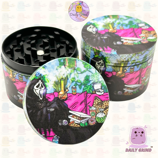 Death Chilling with Pizza - 50mm 4-Piece Premium Custom Metal Tobacco Herb Grinder Cute Gift Idea