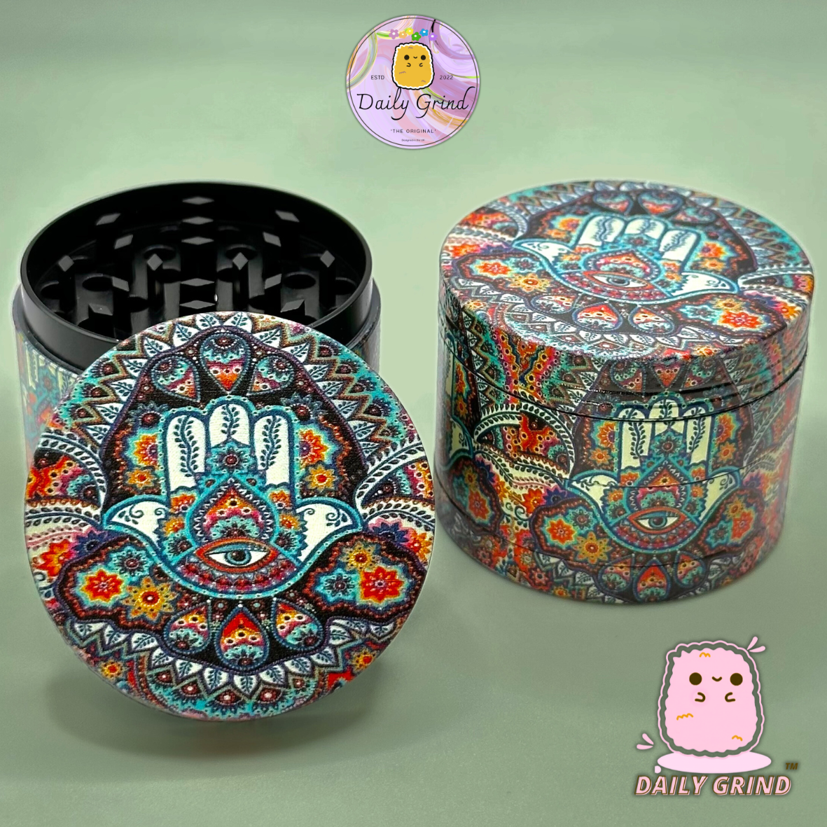 Hand of Protection Hamsa - 50mm 4-Piece High Quality Custom Metal Tobacco Herb Grinder Gift Idea