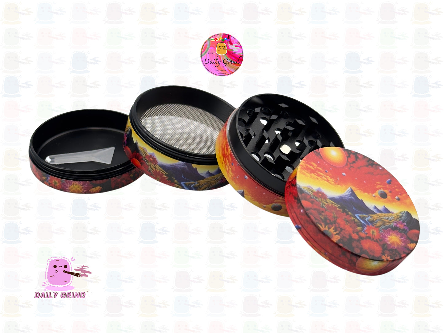 Orange Sky and Mountain Range Hot Sun and Flowers - 50mm Premium 4-Piece Custom Metal Kitchen Herb Grinder Gift Idea