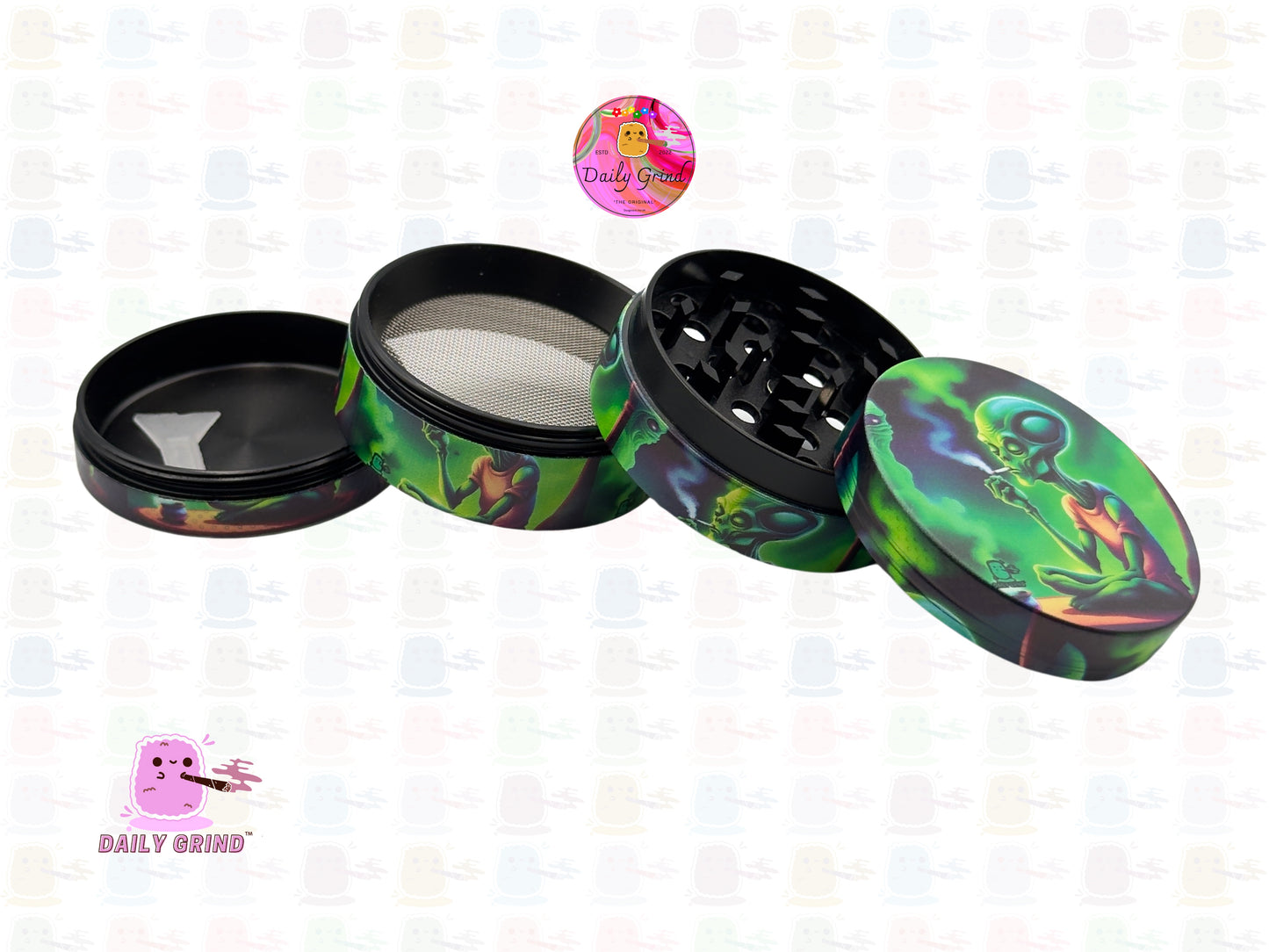 Alien Meditation Smoking Buddy in the Smoke - 50mm Premium 4-Piece Custom Metal Kitchen Herb Grinder Gift Idea