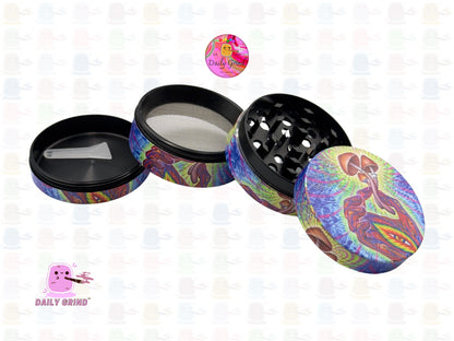 Trippy Hand Holding Shroom Esoteric Art - 50mm Premium 4-Piece Custom Metal Kitchen Herb Grinder Gift Idea