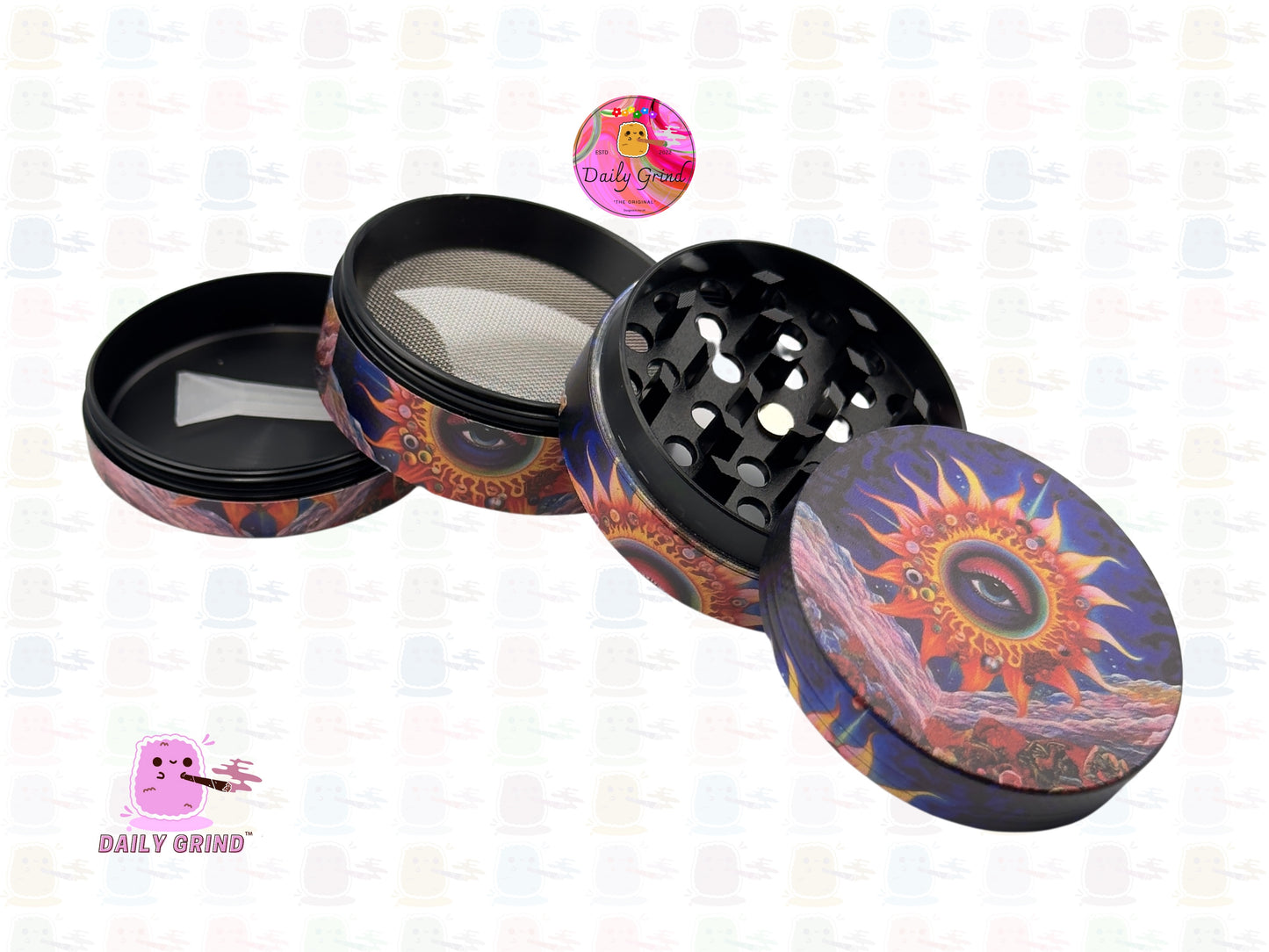 Sun God Eye Solar System Spooky Esoteric Art - 50mm Premium 4-Piece Custom Metal Kitchen Herb Grinder Gift Idea