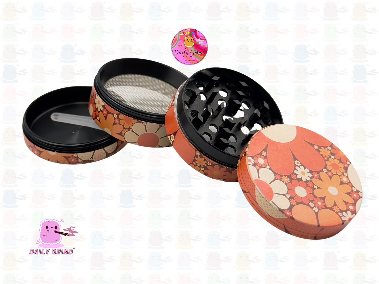 Funky 70's Flower Power Groovy Orange - 50mm Premium 4-Piece Custom Metal Kitchen Herb Grinder Gift Idea