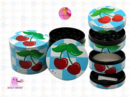 Cherry Summer Blue & White Check board Girls Picnic - 50mm 4-Piece High Quality Custom Metal Kitchen Herb Grinder Gift Idea