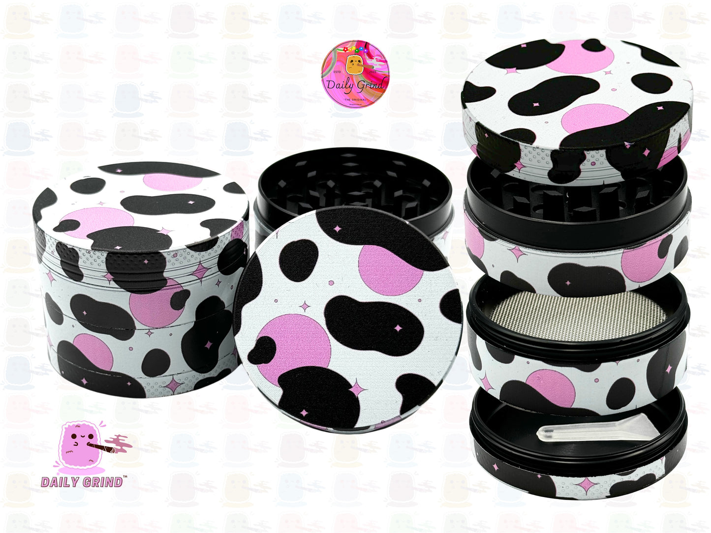 Cow Print Pink Bits Dairy Cow - 50mm Premium 4-Piece Custom Metal Kitchen Herb Grinder Gift Idea