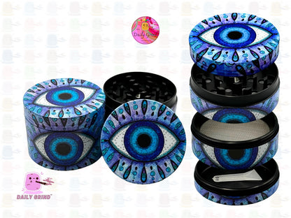 Nazar Eye Blue Eye of Protection against Evil - 50mm 4-Piece High Quality Custom Metal Kitchen Herb Grinder Gift Idea