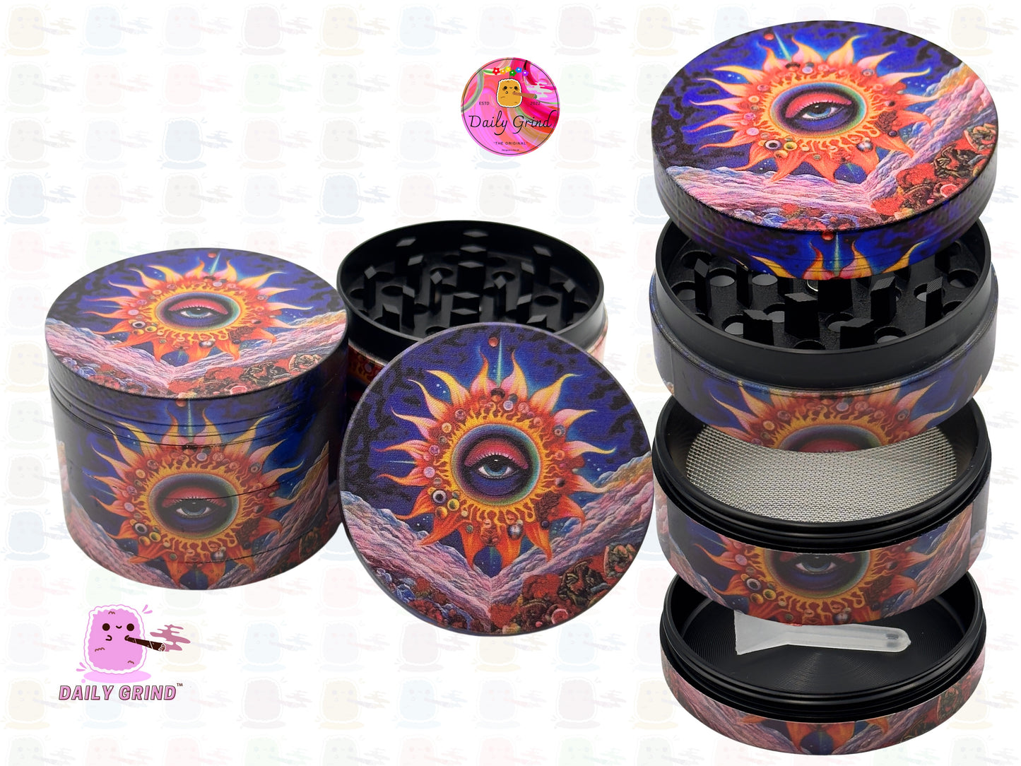 Sun God Eye Solar System Spooky Esoteric Art - 50mm Premium 4-Piece Custom Metal Kitchen Herb Grinder Gift Idea