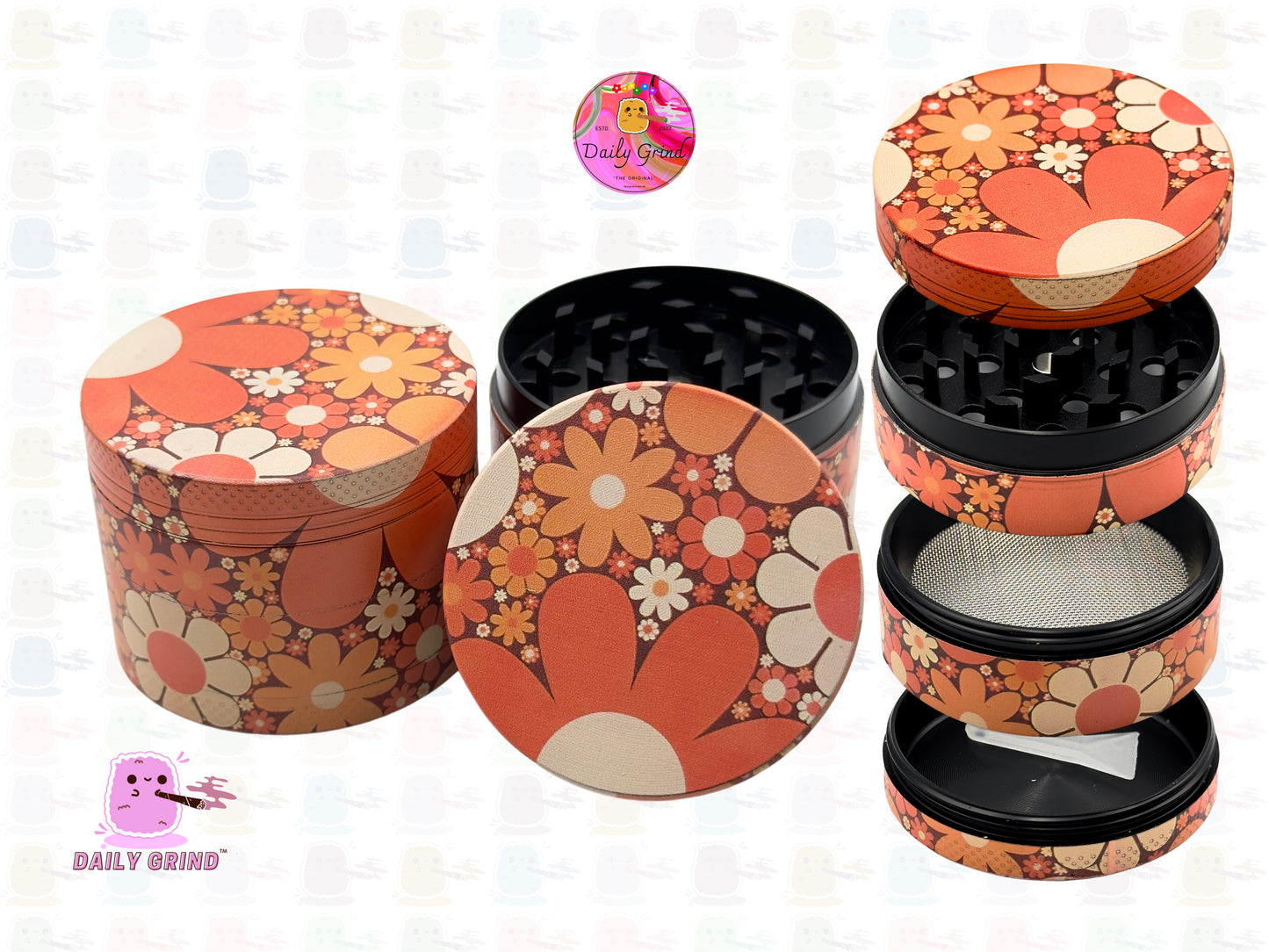 Funky 70's Flower Power Groovy Orange - 50mm Premium 4-Piece Custom Metal Kitchen Herb Grinder Gift Idea