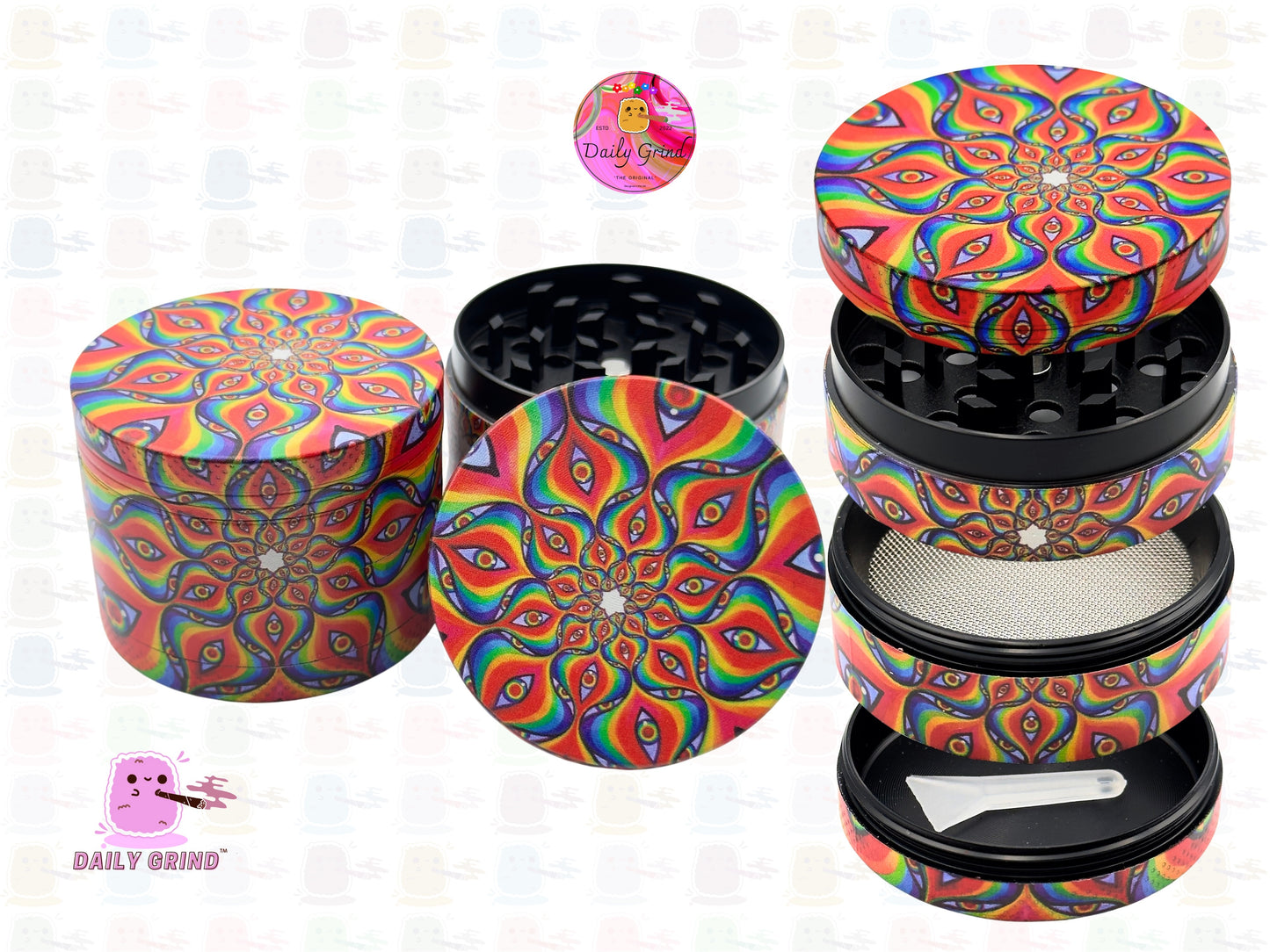 Technicolour Kaleidoscope Vibrant Colourful Art - 50mm Premium 4-Piece Custom Metal Kitchen Herb Grinder Gift Idea