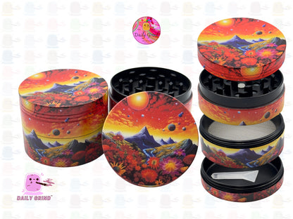 Orange Sky and Mountain Range Hot Sun and Flowers - 50mm Premium 4-Piece Custom Metal Kitchen Herb Grinder Gift Idea