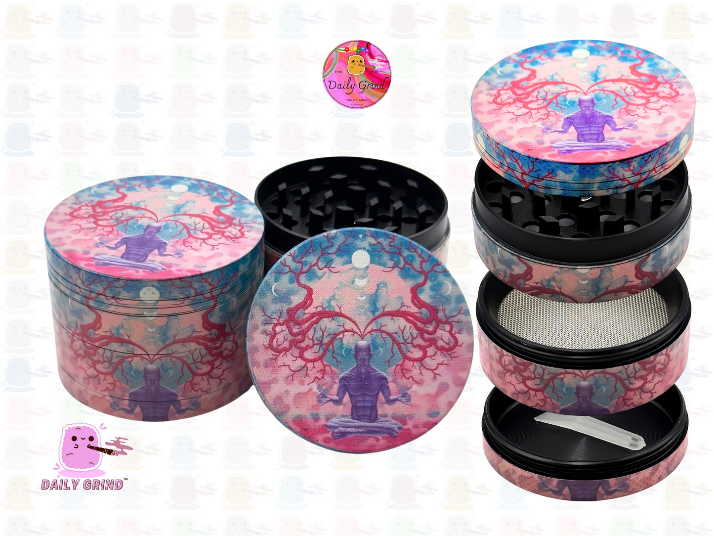 Meditating Man Enlightenment Third Eye Sun Pink - 50mm Premium 4-Piece Custom Metal Kitchen Herb Grinder Gift Idea