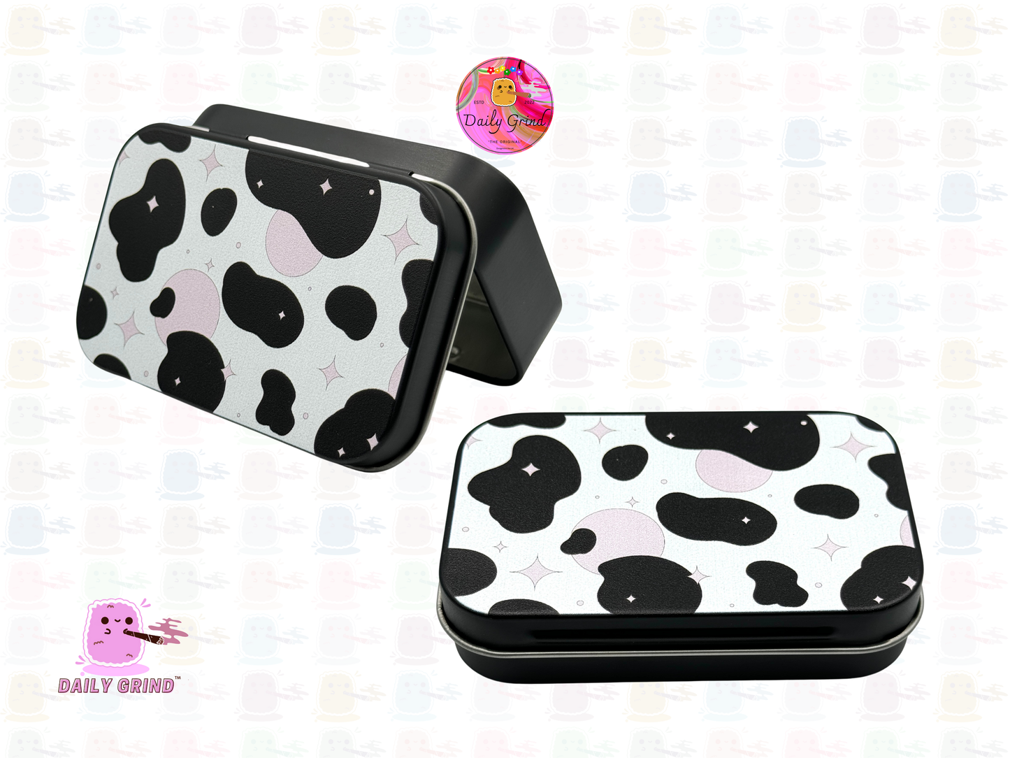 Cow Print Pink Daisy Cattle - 1oz Black / Crystal / Jewellery / Coins / Bits & Pieces / Hide / Money / Make-Up 1oz Black Hinge Lid Tin Box Gift - 9.5 x 6.2 x 2 cm - Cute Funny Metal Organiser Gift Idea