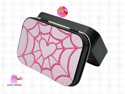 Pink Spider Web Love Heart Cute - 1oz Black / Crystal / Jewellery / Coins / Bits & Pieces / Hide / Money / Make-Up 1oz Black Hinge Lid Tin Box Gift - 9.5 x 6.2 x 2 cm - Cute Funny Metal Organiser Gift Idea