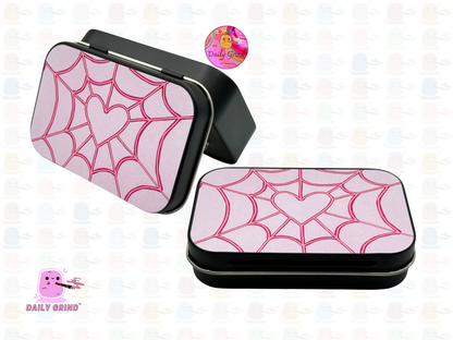 Pink Spider Web Love Heart Cute - 1oz Black / Crystal / Jewellery / Coins / Bits & Pieces / Hide / Money / Make-Up 1oz Black Hinge Lid Tin Box Gift - 9.5 x 6.2 x 2 cm - Cute Funny Metal Organiser Gift Idea