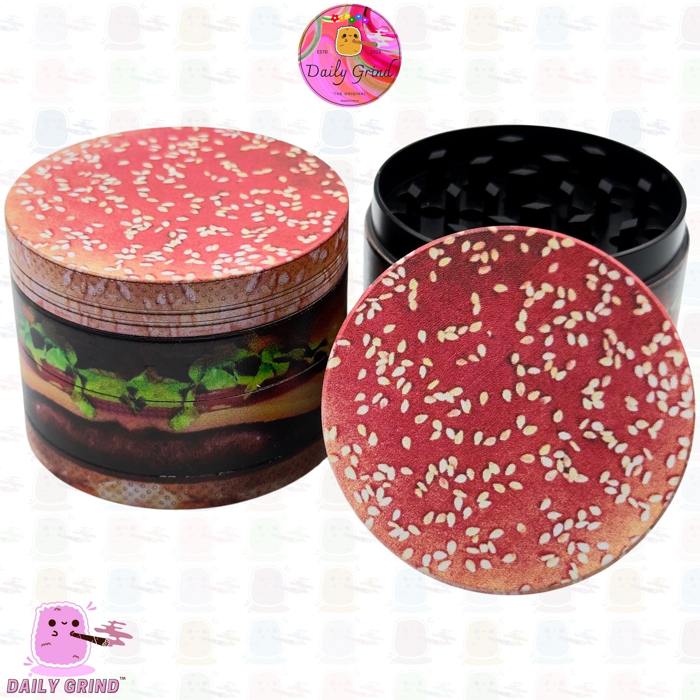 Cheeseburger in a Sesame Seed Bun Realistic - 50mm Premium 4-Piece Custom Metal Kitchen Herb Grinder Gift Idea