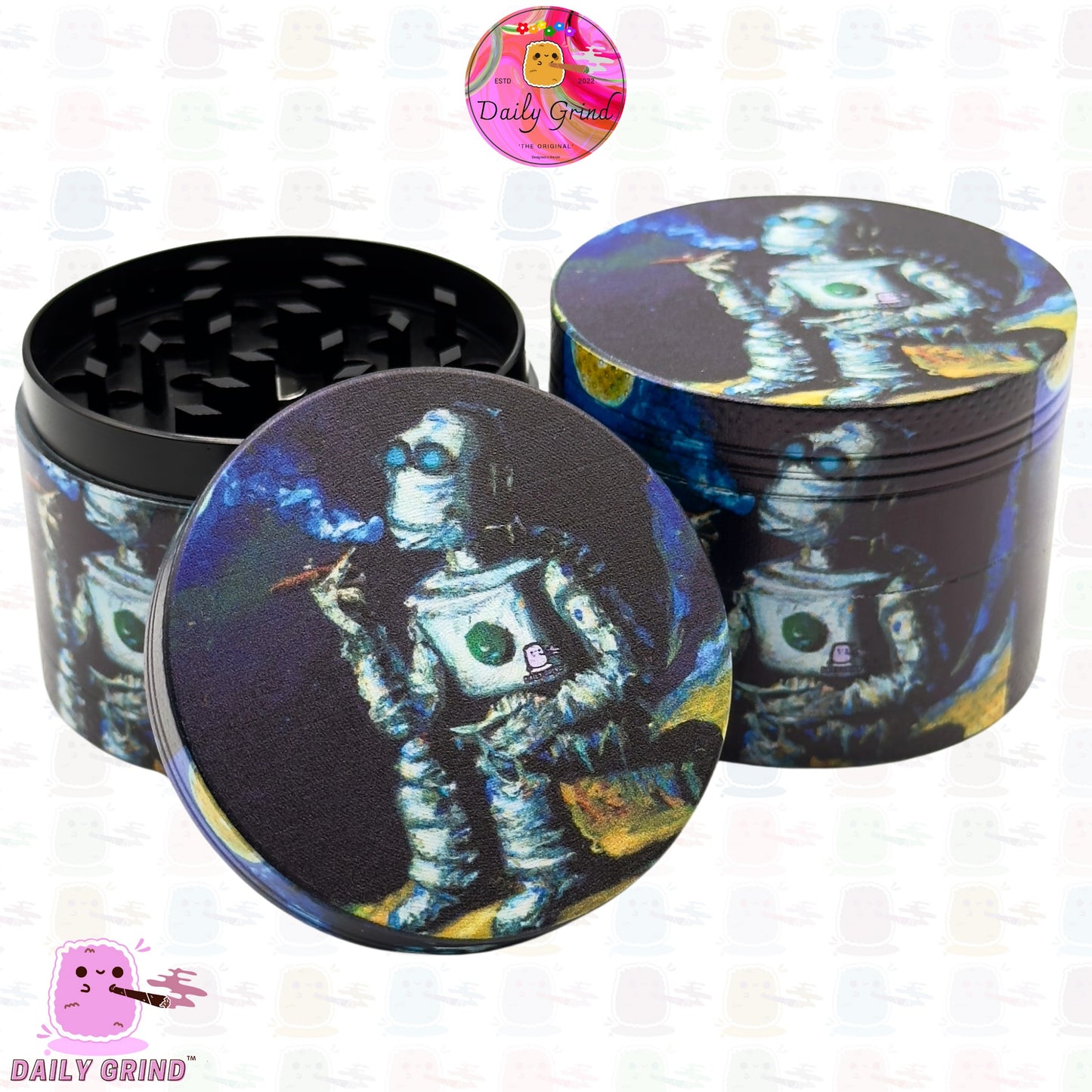 Robot Sat Down Contemplating Life DailyGrind 50mm Premium 4-Piece Custom Metal Kitchen Herb Grinder Gift Idea