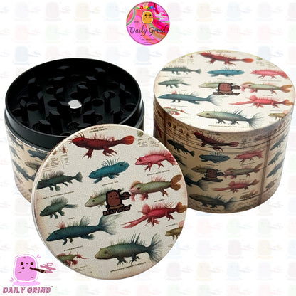 Fantasy Vintage Axolotl Type Creature Species Chart - 50mm Premium 4-Piece Custom Metal Kitchen Herb Grinder Gift Idea