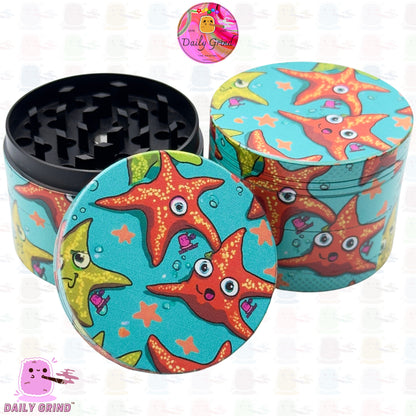 Cute Starfish Crazy Cartoon Faces Underwater - 50mm Premium 4-Piece Custom Metal Kitchen Herb Grinder Gift Idea