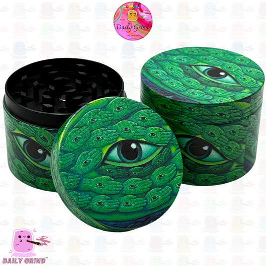 Green Snake Eyes Spiritual Hand Scales - 50mm Premium 4-Piece Custom Metal Kitchen Herb Grinder Gift Idea