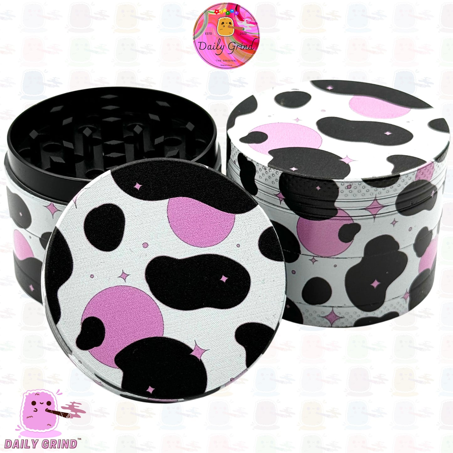 Cow Print Pink Bits Dairy Cow - 50mm Premium 4-Piece Custom Metal Kitchen Herb Grinder Gift Idea