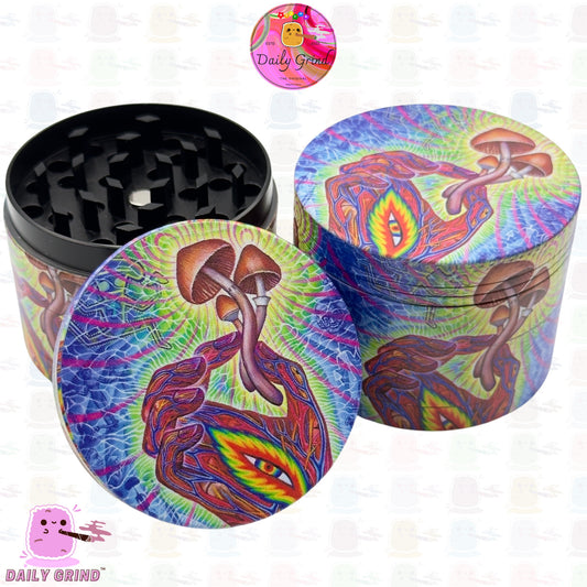 Trippy Hand Holding Shroom Esoteric Art - 50mm Premium 4-Piece Custom Metal Kitchen Herb Grinder Gift Idea