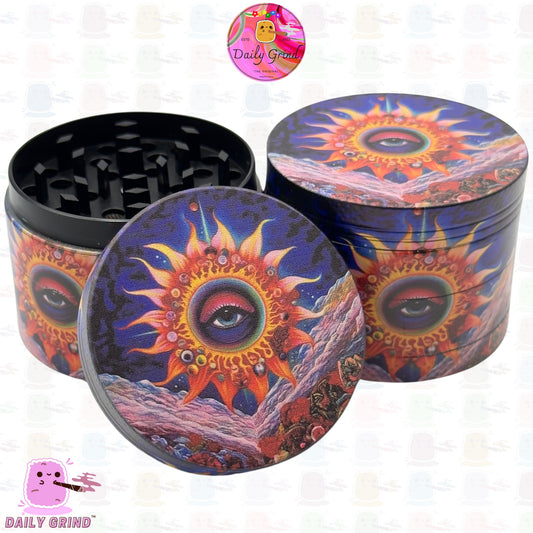 Sun God Eye Solar System Spooky Esoteric Art - 50mm Premium 4-Piece Custom Metal Kitchen Herb Grinder Gift Idea