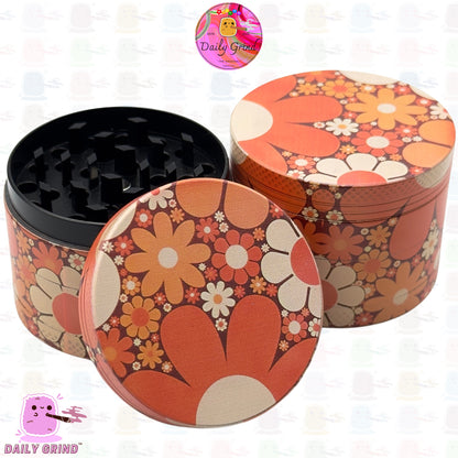 Funky 70's Flower Power Groovy Orange - 50mm Premium 4-Piece Custom Metal Kitchen Herb Grinder Gift Idea