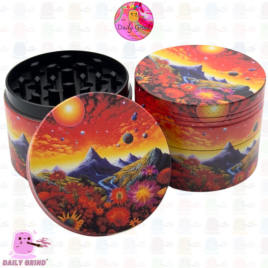 Orange Sky and Mountain Range Hot Sun and Flowers - 50mm Premium 4-Piece Custom Metal Kitchen Herb Grinder Gift Idea