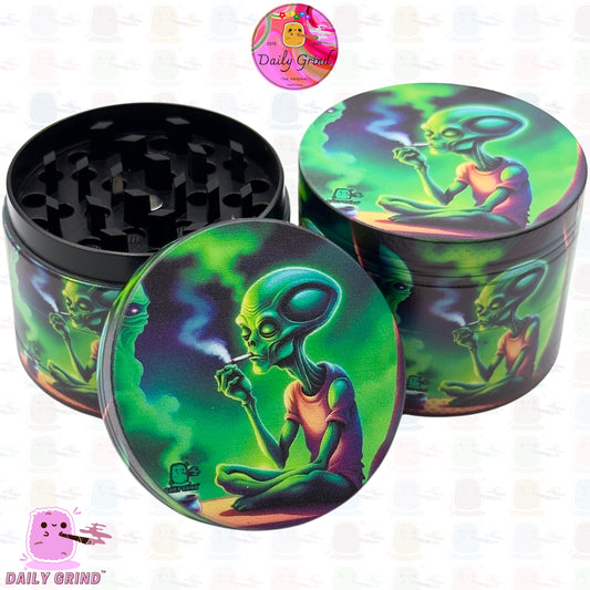 Alien Meditation Smoking Buddy in the Smoke - 50mm Premium 4-Piece Custom Metal Kitchen Herb Grinder Gift Idea