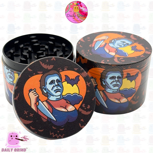 Horror Character Scary Film Knife Wielding Maniac in Mask Parody Halloween 50mm Premium 4-Piece Custom Metal Kitchen Herb Grinder Gift Idea