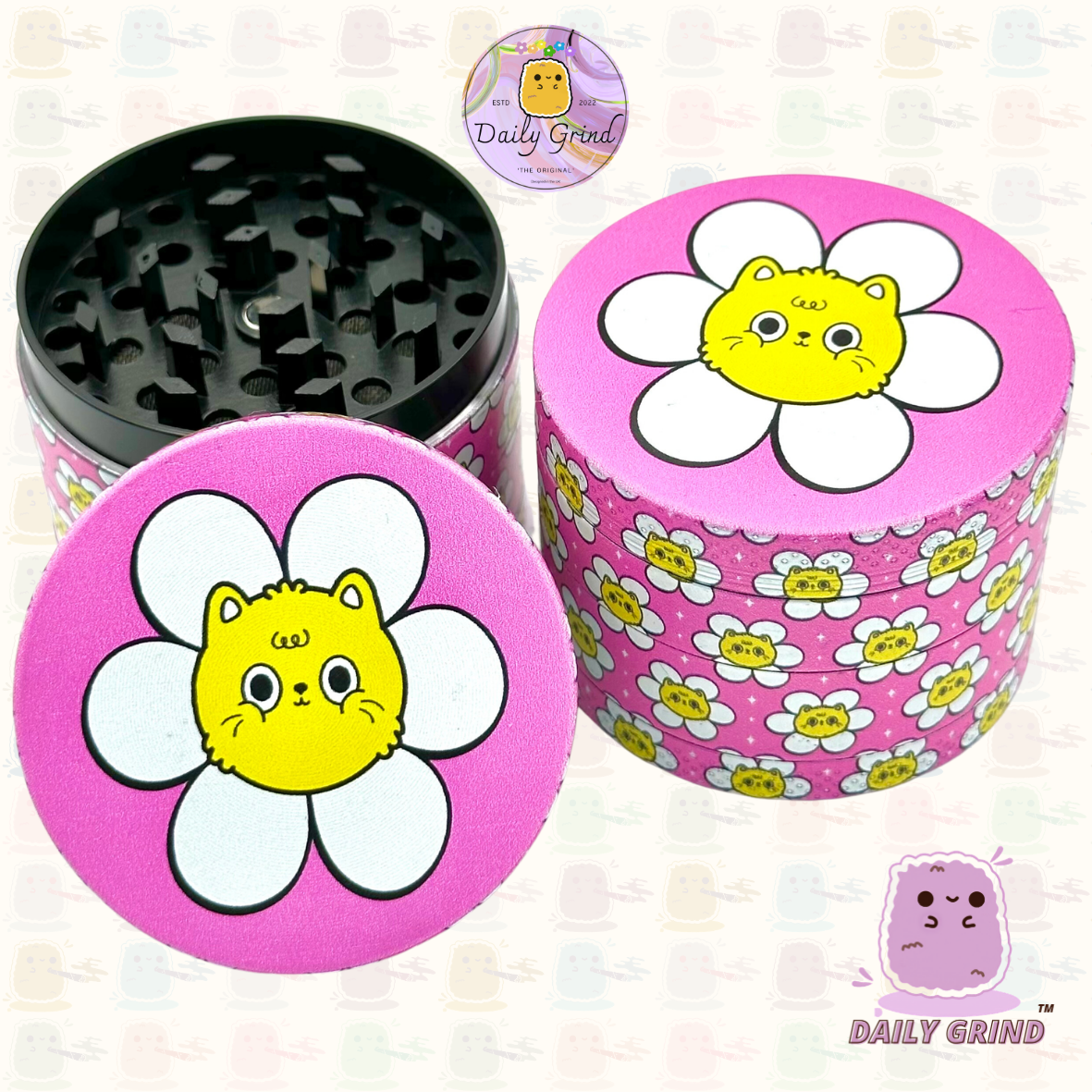 Chat mignon dans une fleur Kawaii Pink Daisy Design - 50mm 4 pièces de haute qualité personnalisé en métal broyeur d'herbes cadeau 