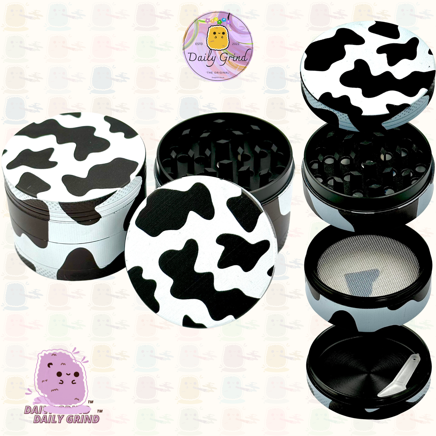 Precioso diseño con estampado de vaca: regalo de molinillo de hierbas metálico de alta calidad y 4 piezas de 50 mm 