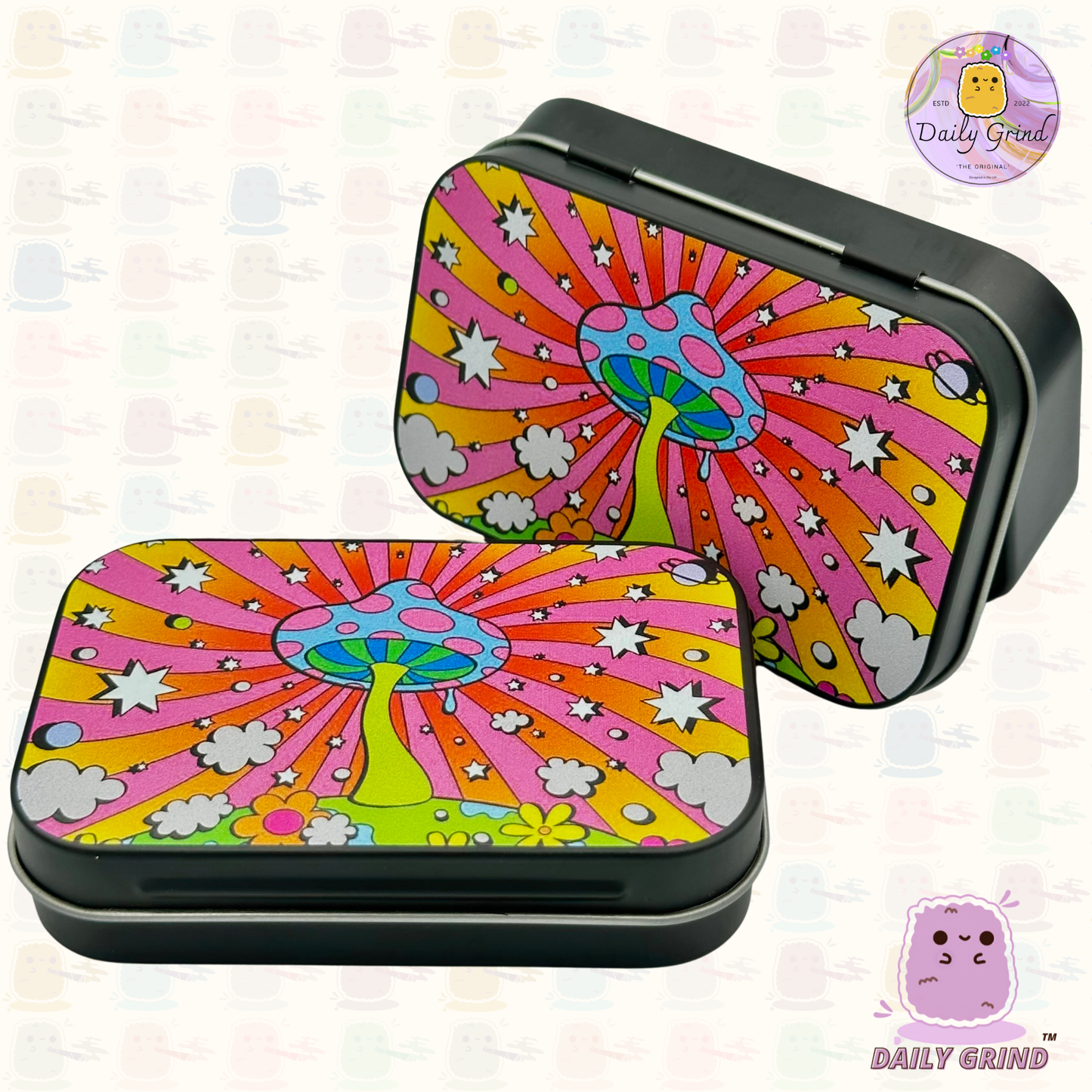 Hippy Mushroom Diseño de dibujos animados alucinógenos 2oz Tabaco negro / Píldora / Baccy / Stash Monedas Cristales Joyería Bisagra Tapa Lata Regalo