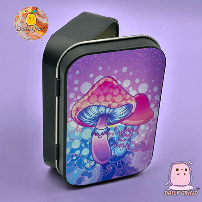 Purple Mushroom Trippy Tie Dye 2oz Tabac noir / Pilule / Baccy / Cachette / Pièces de monnaie / Cristaux / Bijoux Charnière Couvercle Étain Cadeau