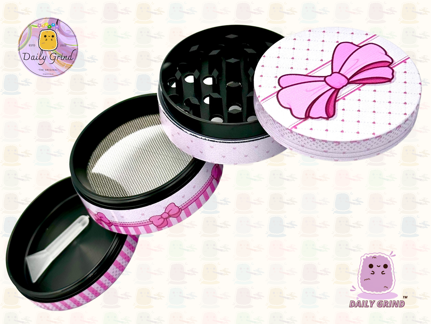 Jolie boîte avec un nœud rose – 50 mm, 4 pièces, broyeur d'herbes en métal personnalisé de haute qualité, cadeau 