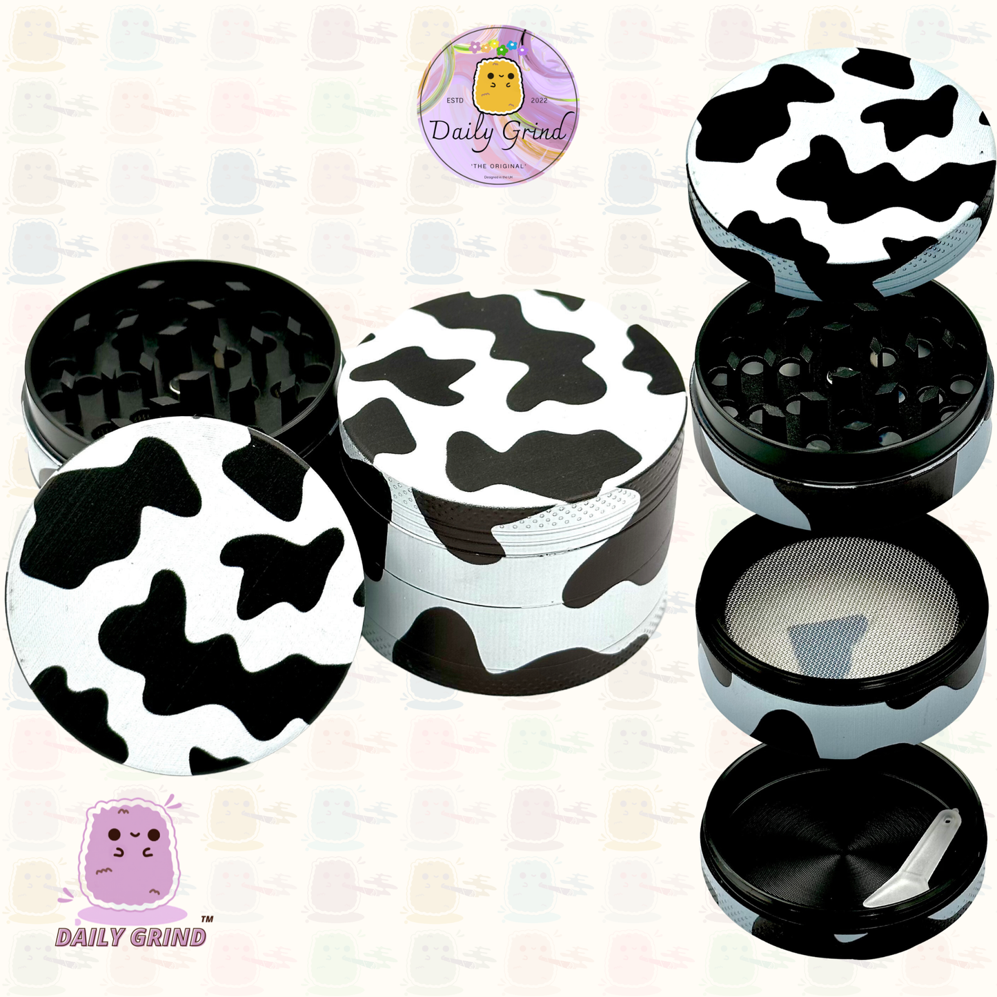 Precioso diseño con estampado de vaca: regalo de molinillo de hierbas metálico de alta calidad y 4 piezas de 50 mm 